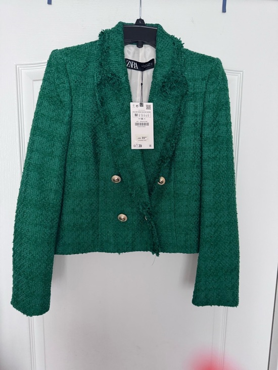 Zara Jackets & Blazers - Zara Emerald Green Tweed Double-Breasted Cropped Blazer